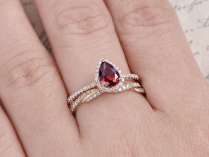 5x7mm Pear Cut Garnet Engagement Ring Set 2pcs 14K Rose Gold Diamond Halo | Full Eternity Twist Matching Band