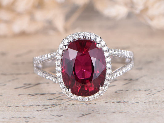9x11mm Oval Cut Ruby Engagement Ring 14K White Gold Diamond Halo Split Shank Design