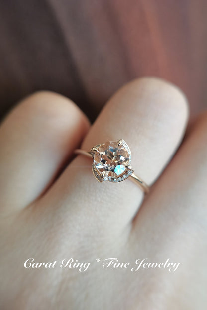 Bague de fiançailles unique en morganite, style vintage antique, sertie de diamants halo, anneau simple en or rose 14 carats, diamants ronds de 6,5 mm