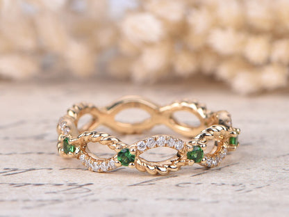 Alliance torsadée en diamant, bague d'éternité complète en or jaune 14 carats, bague empilable torsadée, bague Deco Tsavorite, alliances éternité torsadées