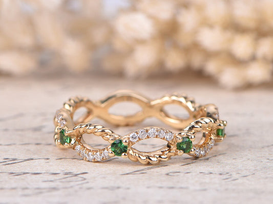 Alliance torsadée en diamant, bague d'éternité complète en or jaune 14 carats, bague empilable torsadée, bague Deco Tsavorite, alliances éternité torsadées