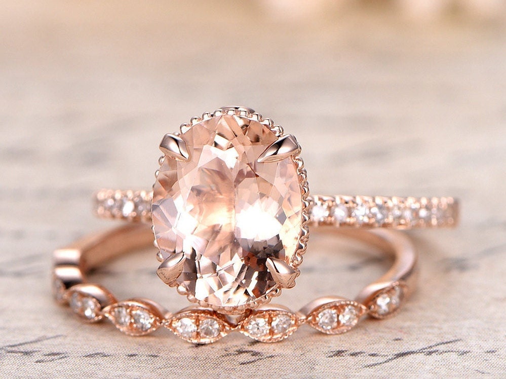 9x11mm Oval Cut Morganite Engagement Ring Set 2pcs 14K Rose Gold Diamond Half Eternity Solitaire | Thin Matching Band