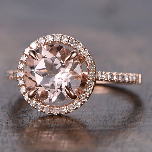 Bague de fiançailles en or rose avec morganite de 8 mm, alliance pavée de diamants, bague de fiançailles avec halo de diamants, bague en morganite rose, bague de mariée en morganite