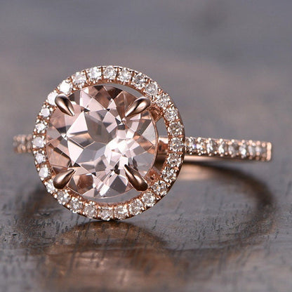 Bague de fiançailles en or rose avec morganite de 8 mm, alliance pavée de diamants, bague de fiançailles avec halo de diamants, bague en morganite rose, bague de mariée en morganite