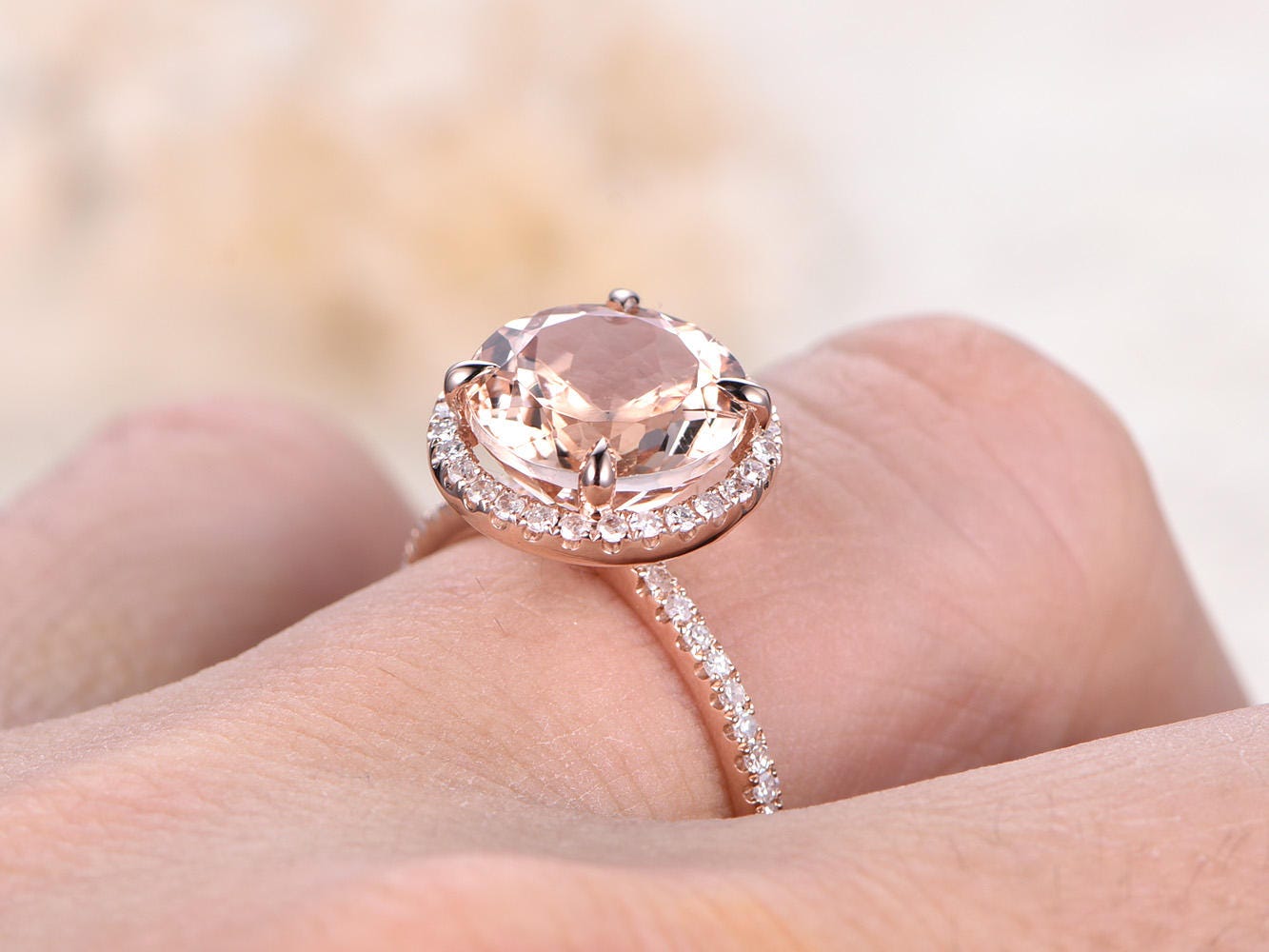 8mm Round Cut Morganite Engagement Ring 14K Rose Gold Diamond Halo Half Eternity