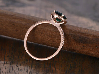 7mm Round Emerald Engagement Ring 14K Rose Gold Emerald Ring May Birthstone Ring Emerald Diamond Halo Ring