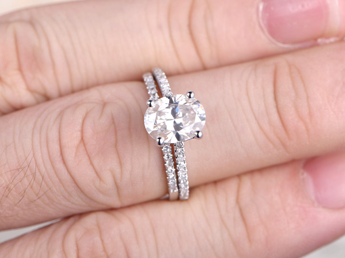 6x8mm-oval-cut-moissanite-engagement-ring-set-2pcs-solid-14k-white-gold-diamond-half-eternity-diamond-thin-band