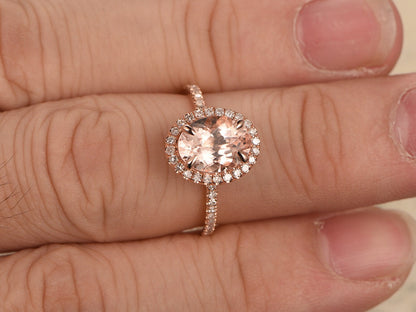 Bague de fiançailles halo en morganite ovale 6*8 mm, alliance en or rose 14 carats sertie de diamants pavés, griffes, bague pour femme