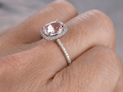 Кольцо с морганитом из белого золота 14K, обручальное кольцо с бриллиантами огранки «подушка» и ореолом из бриллиантов, помолвочное кольцо с овальным морганитом 6x8 мм, кольцо-солитер с морганитом, обручальное кольцо.