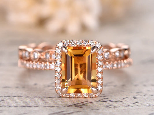 6x8mm Emerald Cut Citrine Engagement Ring Set 2pcs 14K Rose Gold Diamond Halo Art Deco | Thin Matching Band