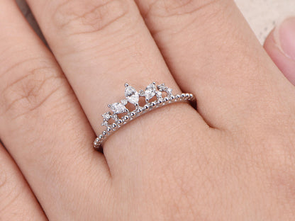 marquise-shaped-crown-diamond-wedding-band-14k-white-gold-ball-design-plain-band