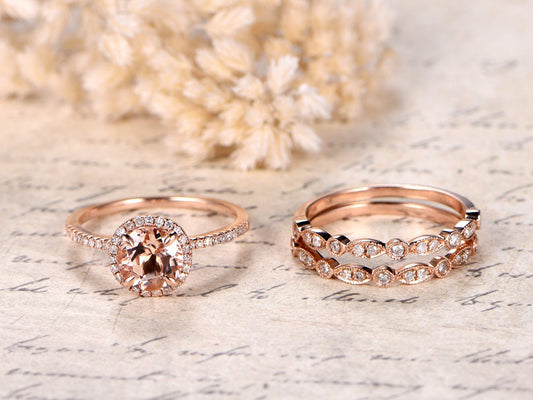 7mm-round-cut-morganite-engagement-ring-set-3pcs-14k-rose-gold-diamond-halo-half-eternity-two-art-deco-band