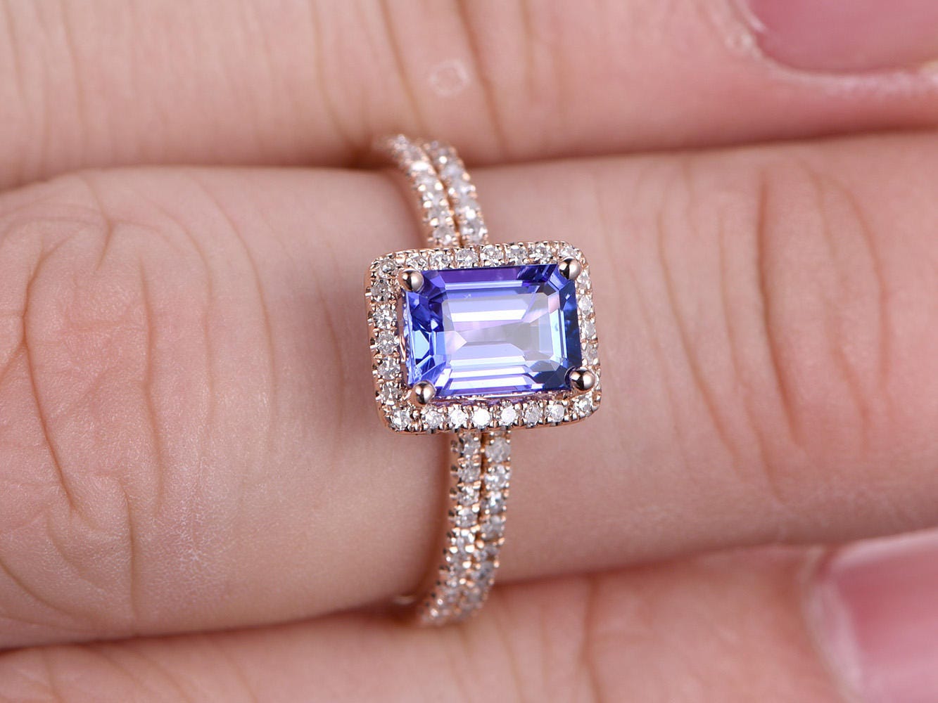 5X7mm Emerald Cut Tanzanite Engagement Ring Set 2pcs 14K Rose Gold Diamond Halo