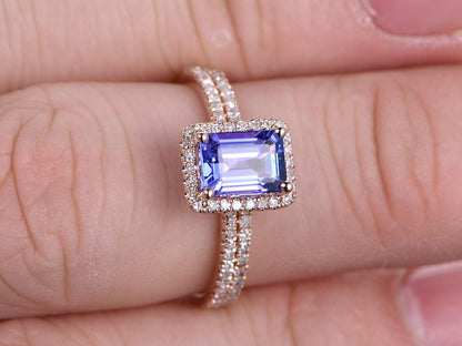 5X7mm Emerald Cut Tanzanite Engagement Ring Set 2pcs 14K Rose Gold Diamond Halo