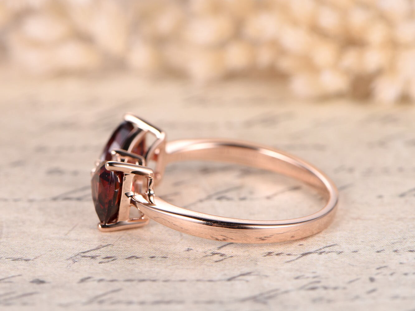 5mm-trillion-cut-garnet-engagement-ring-14k-rose-gold-bow-design-double-gemstone-diamond-accent-plain-band