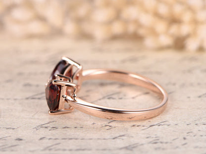 5mm-trillion-cut-garnet-engagement-ring-14k-rose-gold-bow-design-double-gemstone-diamond-accent-plain-band