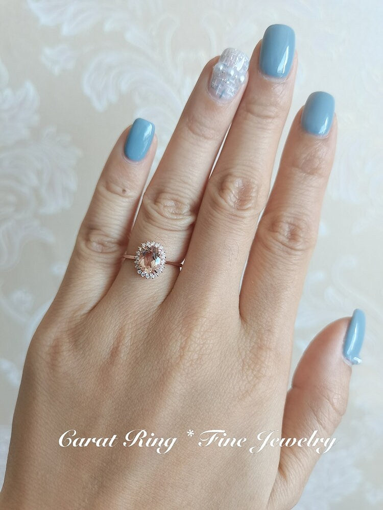 Bague de fiançailles Avery en morganite naturelle - Bague en or rose massif 14 carats - Bague de promesse en morganite flocon de neige - Pierre précieuse rose - Cadeau d'anniversaire pour elle