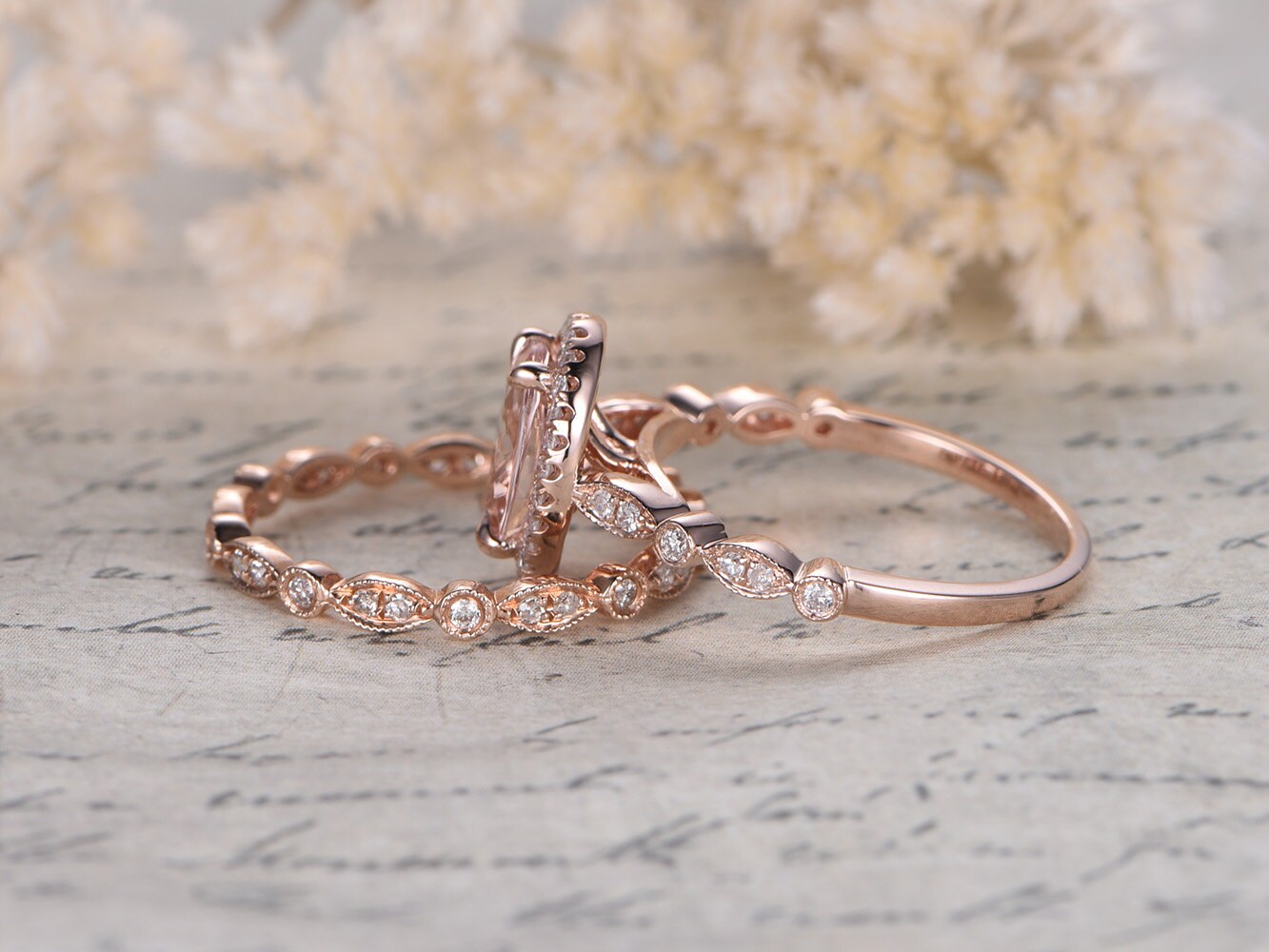 7x9mm Oval Cut Morganite Engagement Ring Set 2pcs 14K Rose Gold Diamond Halo | Full Eternity Art Deco Matching Band