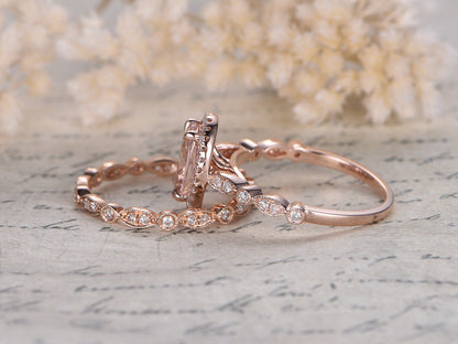 7x9mm Oval Cut Morganite Engagement Ring Set 2pcs 14K Rose Gold Diamond Halo | Full Eternity Art Deco Matching Band