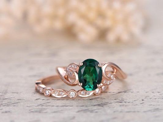 6x8mm-oval-cut-emerald-engagement-ring-set-2pcs-milgrain-14k-rose-gold-diamond-floral-design-art-deco-matching-band