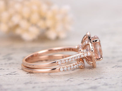 8mm-round-cut-morganite-engagement-ring-set-2pcs-14k-rose-gold-diamond-halo-design-curved-band-half-eternity