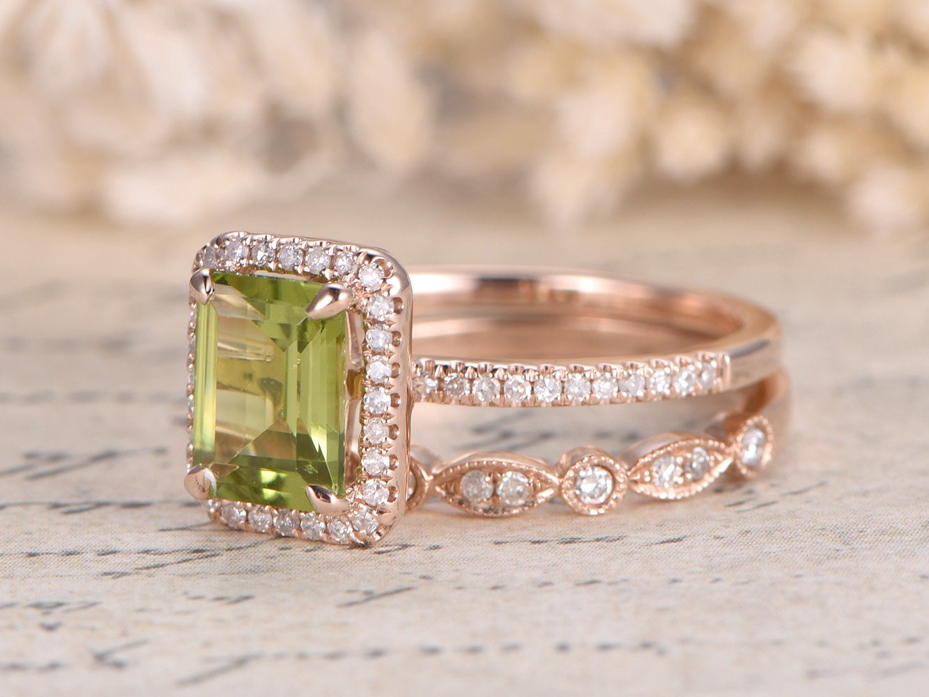 6x8mm-emerald-cut-peridot-engagement-ring-set-14k-rose-gold-art-deco-diamond-ring-august-birthstone