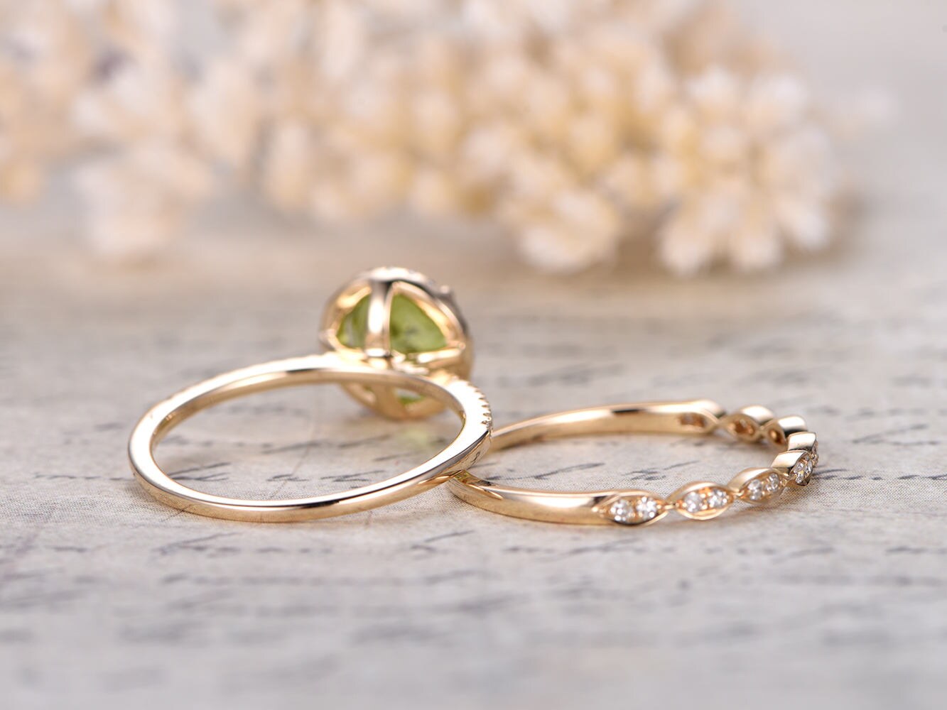 7mm Round Cut Peridot Engagement Ring Set 2pcs Diamond Halo | Diamond Art Deco Matching Band