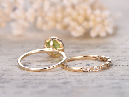 7mm Round Cut Peridot Engagement Ring Set 2pcs Diamond Halo | Diamond Art Deco Matching Band