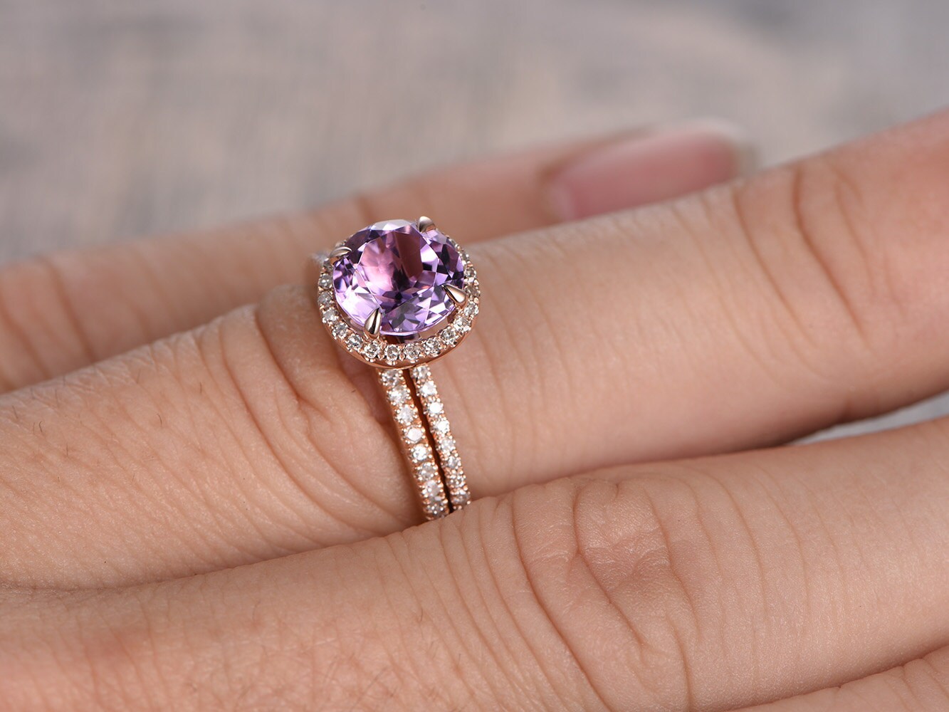 6.5mm Round Cut Amethyst Engagement Ring 2pcs 14K Rose Gold Half Eternity Band Design