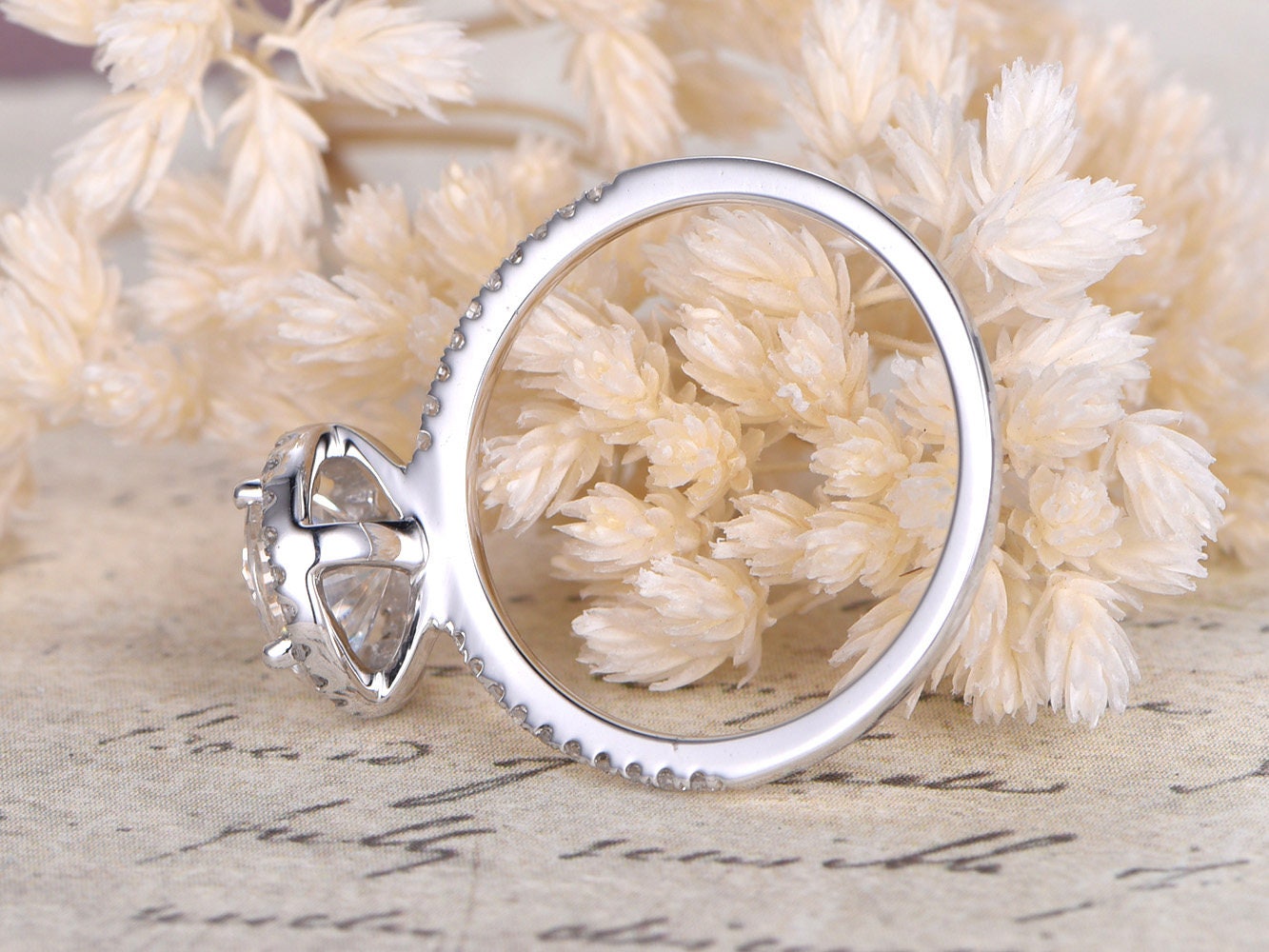 Bague de fiançailles en or blanc 14 carats massif, moissanite VVS 7 mm, alliance en diamants, bague de promesse, bague pour femme, style vintage