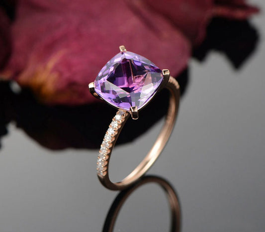 9mm Cushion Cut Amethyst Engagement Ring 14K Rose Gold Diamond Half Eternity
