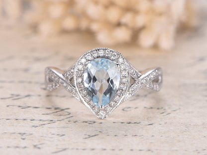 Bague en or blanc 14 carats avec aigue-marine, bague de fiançailles et alliance en diamant, anneau fendu, bague en diamant, aigue-marine décorative 6x8 mm