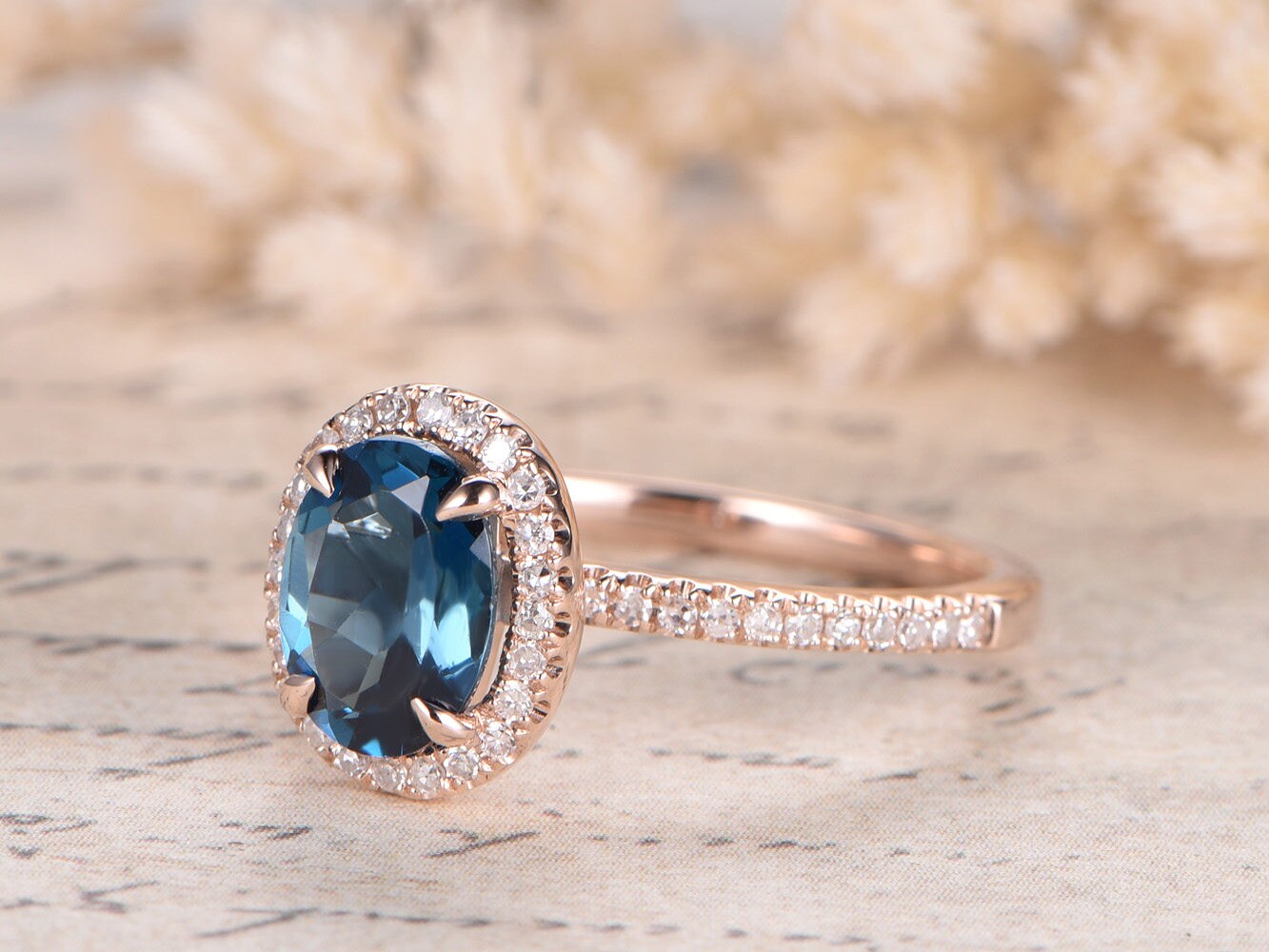 6x8mm Oval London Blue Topaz Engagement Ring Solid 14K Rose Gold Diamond Claw Prong Set