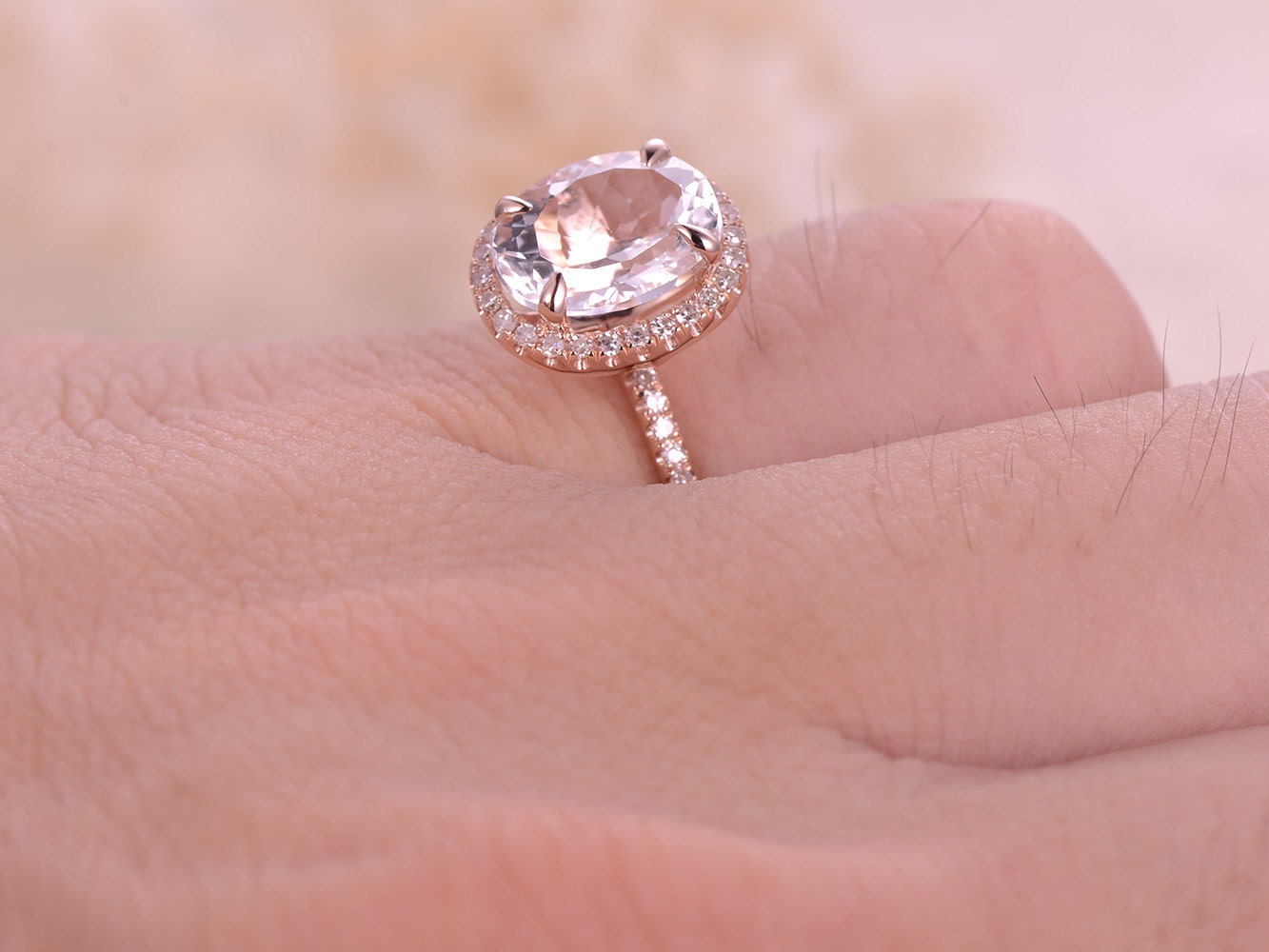 7x9mm Oval Cut White Topaz Engagement Ring 14K Rose Gold Diamond Halo Half Eternity
