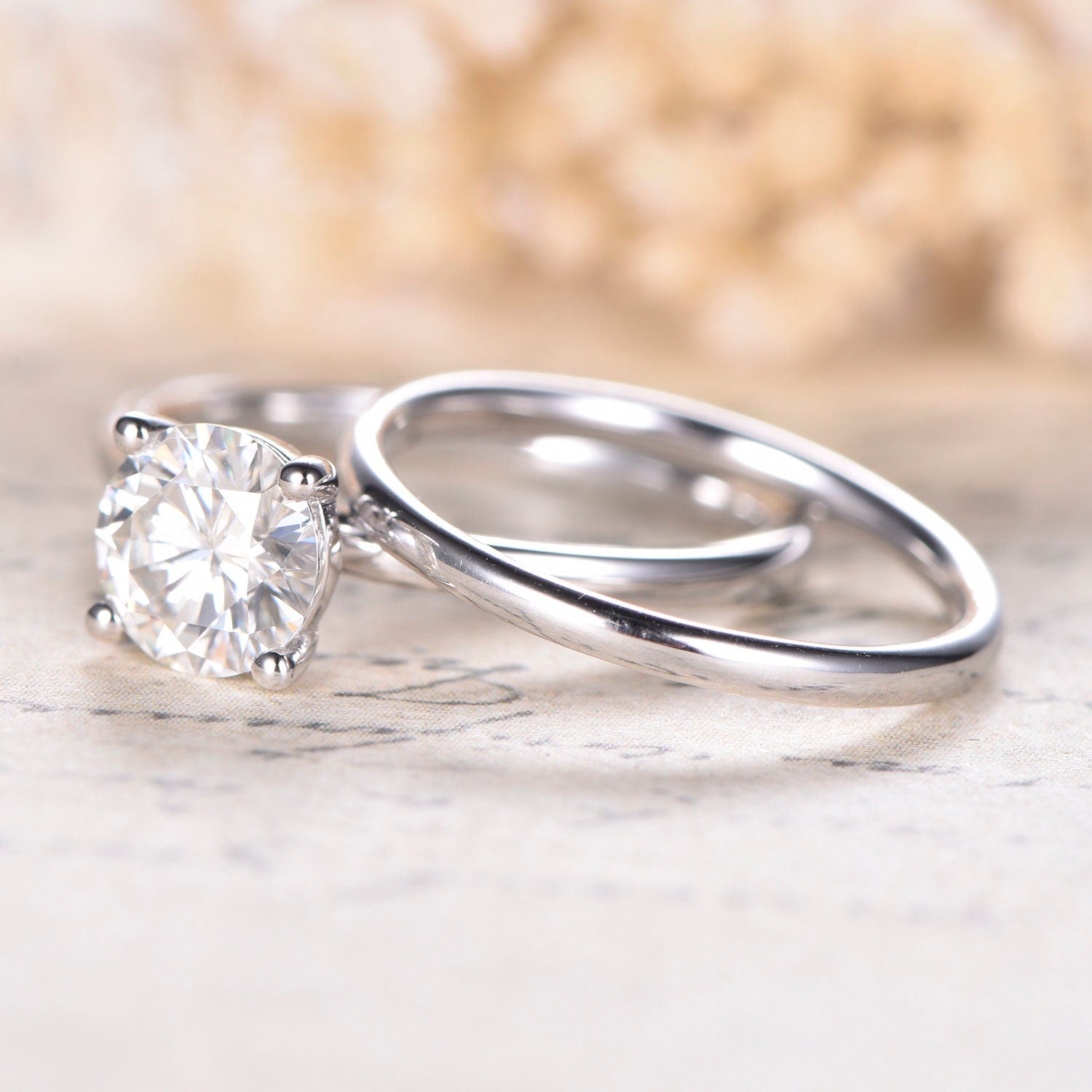 6.5mm-round-cut-moissanite-engagement-ring-set-2pcs-14k-white-gold-plain-band-solitaire-design