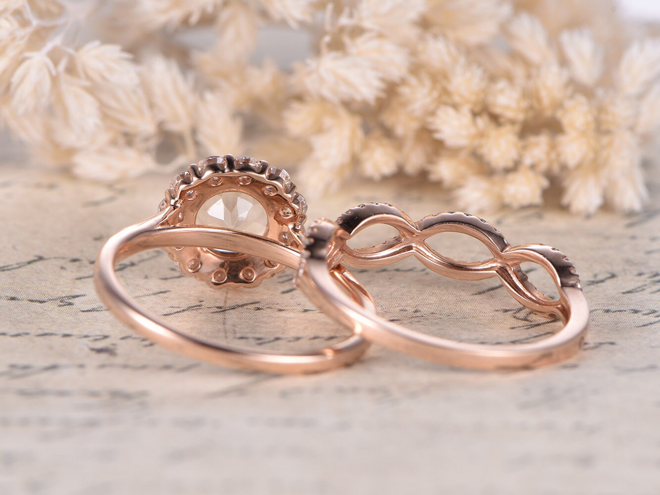 7mm-round-cut-morganite-engagement-ring-set-2pcs-14k-rose-gold-floral-halo-moissanite-diamond-twist-matching-band