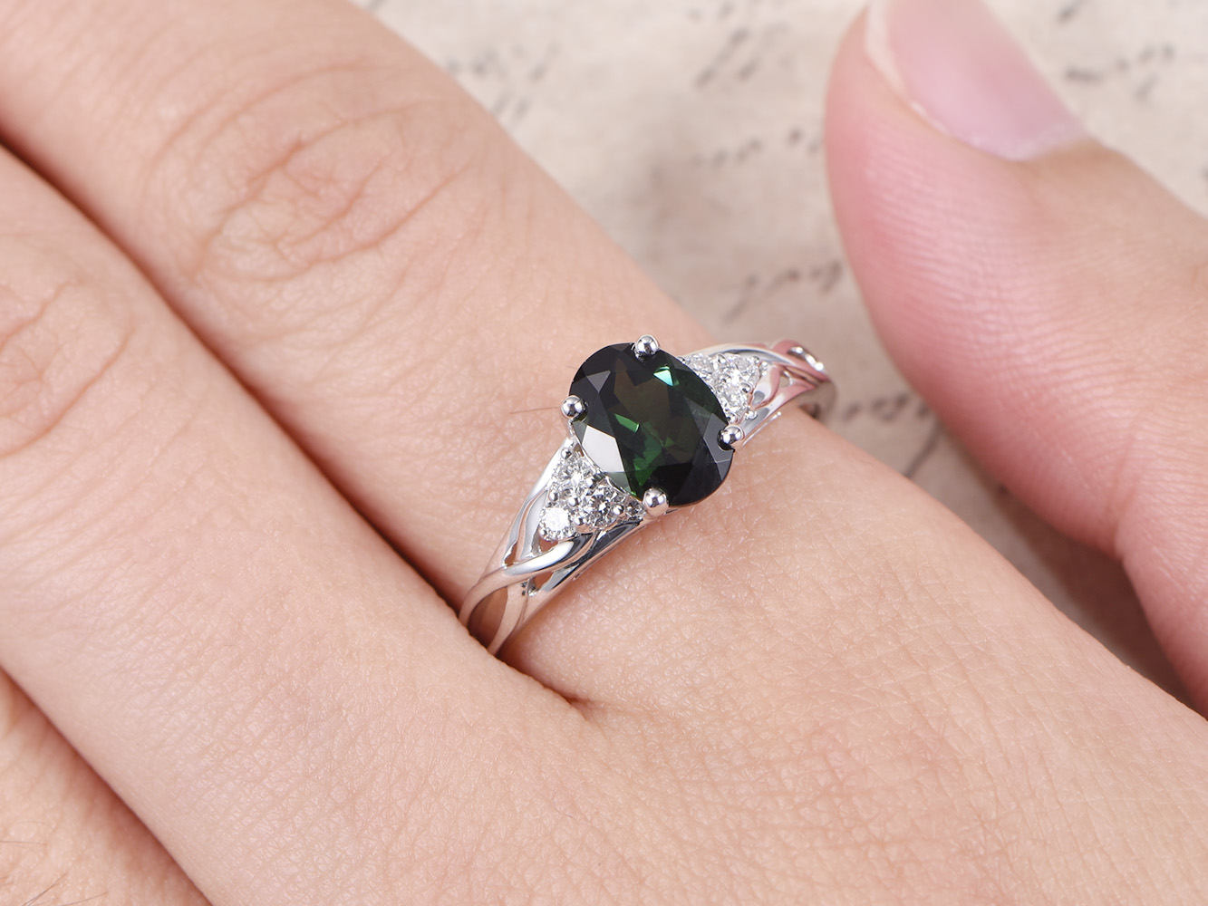 6x8mm Oval Cut Green Tourmaline Engagement Ring 14K White Gold Diamond Side Stone Plain Band