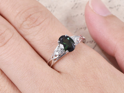 6x8mm Oval Cut Green Tourmaline Engagement Ring 14K White Gold Diamond Side Stone Plain Band