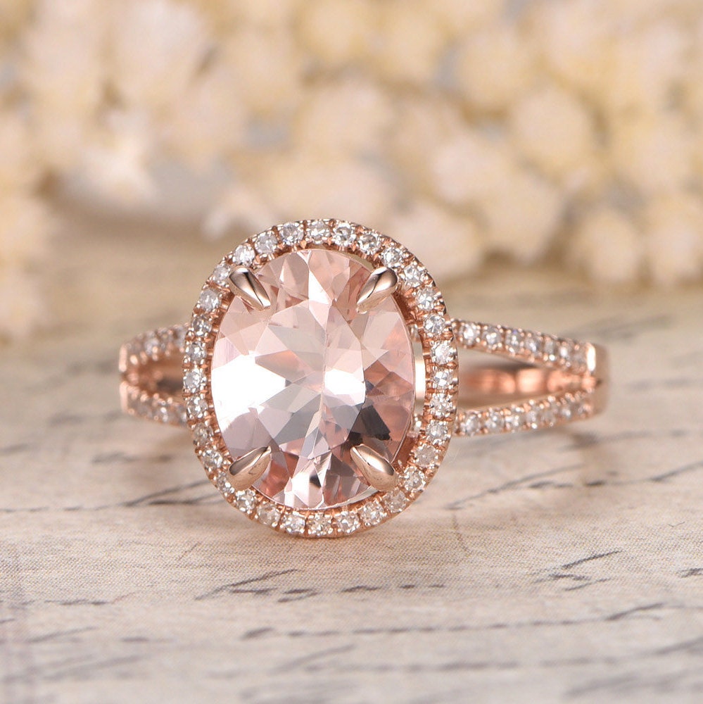 8x10mm Oval Cut Morganite Engagement Ring 14K Rose Gold Diamond Split Shank Halo Design