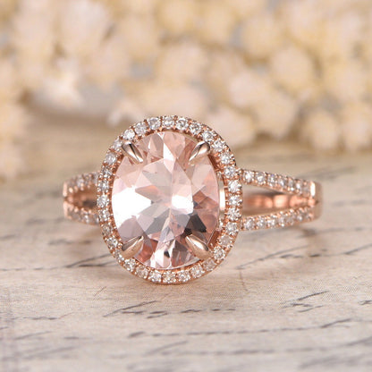 8x10mm Oval Cut Morganite Engagement Ring 14K Rose Gold Diamond Split Shank Halo Design