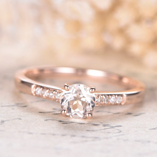 Bague de fiançailles en morganite, alliance en or rose et diamants, solitaire, diamant rond de 5 mm, or 14 carats