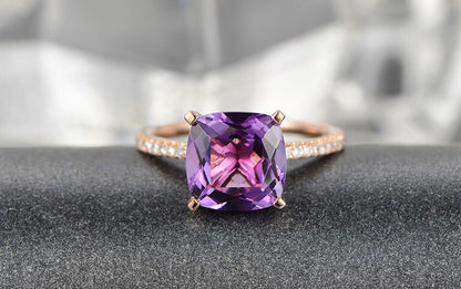 9mm Cushion Cut Amethyst Engagement Ring 14K Rose Gold Diamond Half Eternity