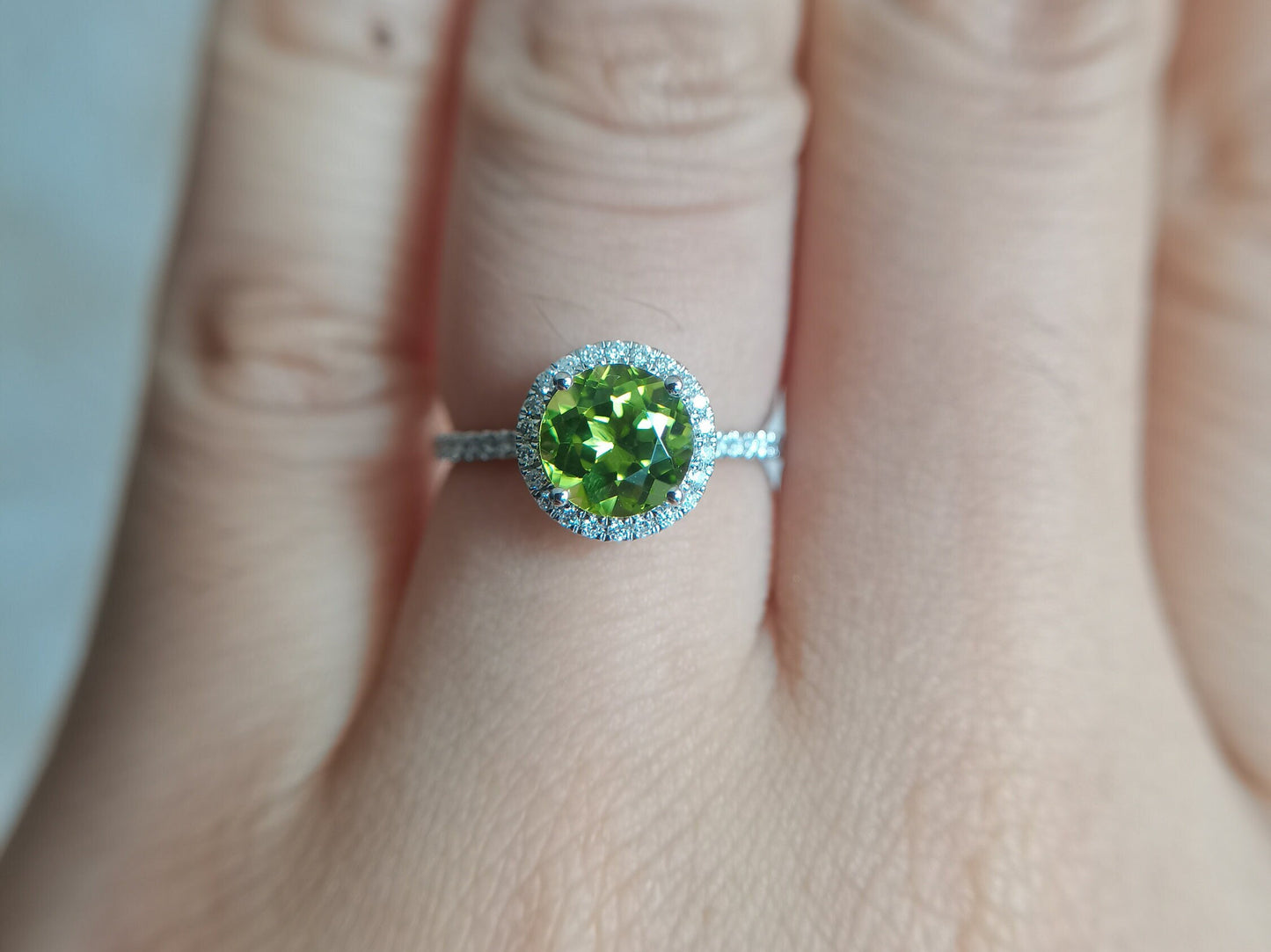 7mm Round Cut Peridot Engagement Ring 14K White Gold Diamond Halo Half Eternity Design