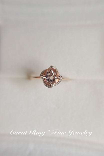 Bague de fiançailles unique en morganite, style vintage antique, sertie de diamants halo, anneau simple en or rose 14 carats, diamants ronds de 6,5 mm