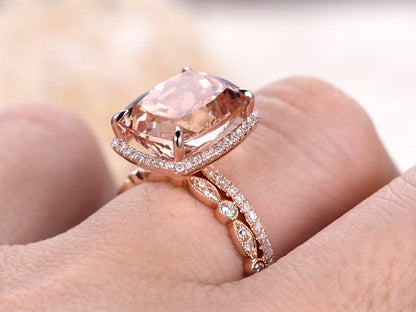 Bague en morganite coussin 10x12 mm, ensemble de 2 alliances en morganite, alliance demi-éternité Art Déco sertie de diamants, ensemble de mariage, or rose 14 carats