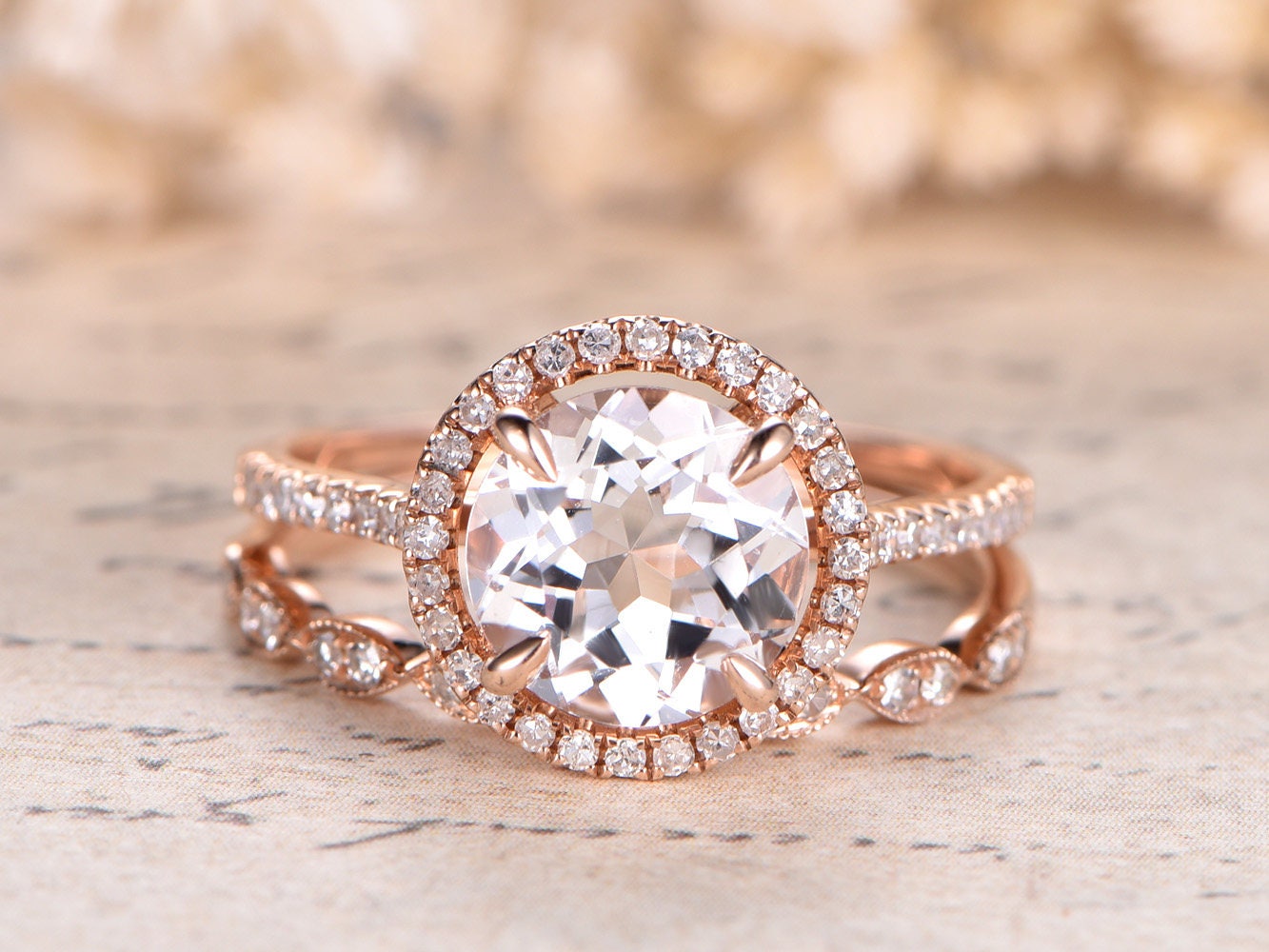 8mm Round Cut White Topaz Engagement Ring Set 2pcs 14K Rose Gold Diamond Halo | Curved Art Deco Matching Band