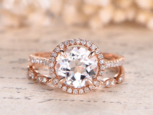 8mm Round Cut White Topaz Engagement Ring Set 2pcs 14K Rose Gold Diamond Halo | Curved Art Deco Matching Band