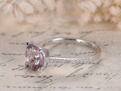 Bague de fiançailles en morganite, alliance en or blanc 14 carats, diamants, solitaire 8 mm, cadeau d'anniversaire pour femme.
