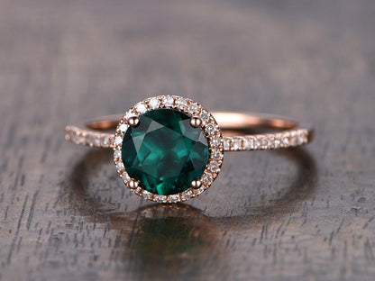 7mm Round Emerald Engagement Ring 14K Rose Gold Emerald Ring May Birthstone Ring Emerald Diamond Halo Ring