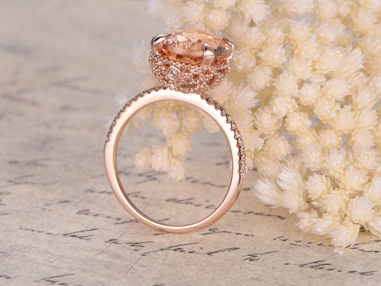 Bague de fiançailles ovale en morganite 9x11mm, bague en or rose avec morganite et diamants, alliance, bague de demande en mariage, bague d'anniversaire, cadeau pour elle